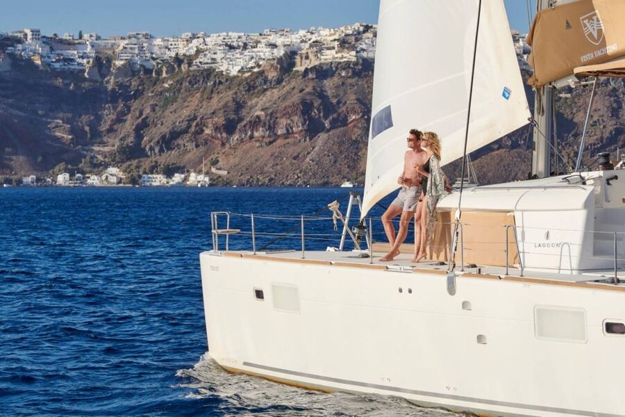 Santorini Gold Catamaran Cruise with Snorkel, BBQ & Open Bar - Why the Caldera looks better from a catamaran