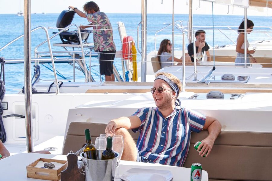 Santorini: Platinum Catamaran Cruise w/ BBQ Meal & Open Bar - Akrotiri, the lighthouse, and the caldera