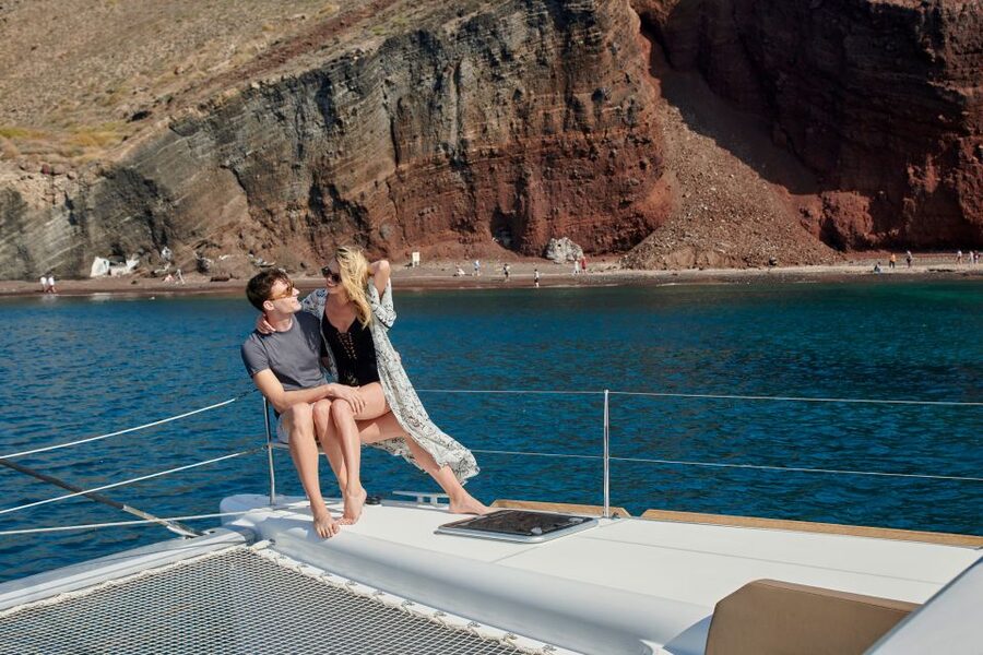 Santorini: Platinum Catamaran Cruise w/ BBQ Meal & Open Bar - Swimming near the volcanic hot springs