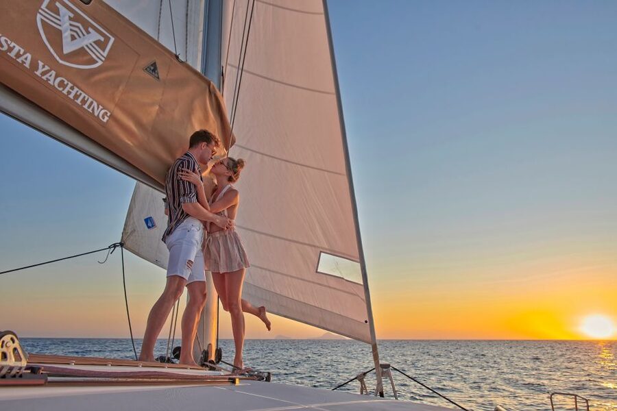 Santorini: Platinum Catamaran Cruise w/ BBQ Meal & Open Bar - Pickup from your hotel to Vlychada harbor