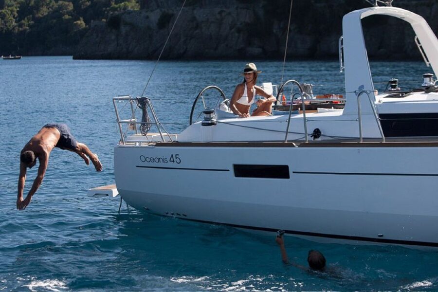 Santorini: Private Caldera Sailing Trip with Open Bar & Meal - Swimming around Black Mountain